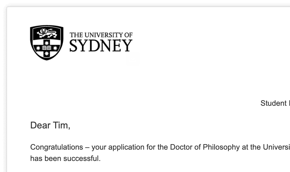 Screenshot of top corner of offer of admission to Doctor of Philosophy course at Sydney University
