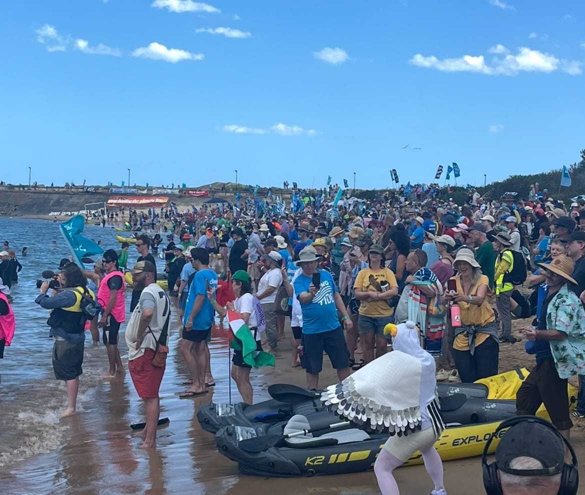 A performance activist in a seagull suit dances in front of the cops (out of shot), facing a HUGE crowd on people in colourful clothes on the beach, looking out at the water under a blue sky
